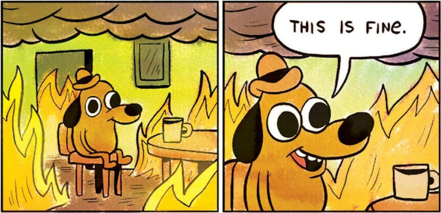 The original This is Fine comic: a dog sipping coffee in a burning room